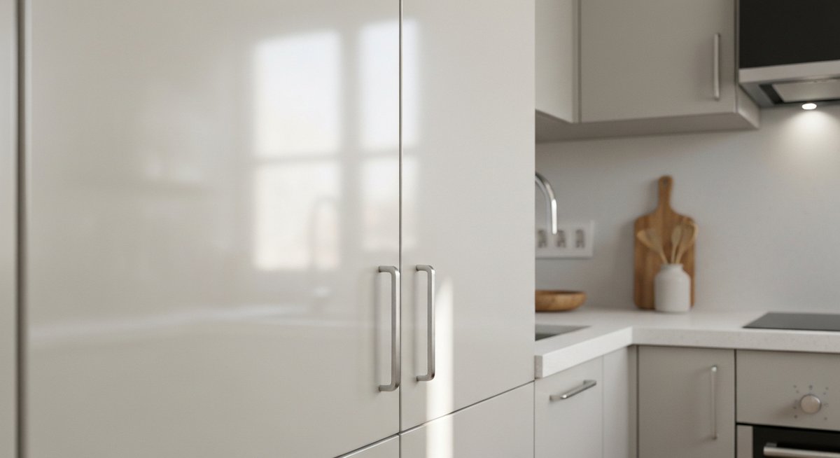 Крупный план светлых матовых кухонных шкафов в маленькой кухне, отражающих мягкий естественный свет и создающих ощущение простора.