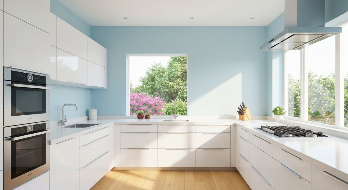 Вид угла маленькой минималистичной кухни, подчеркивающий интегрированную светлую цветовую гамму от пола до потолка, создающую бесшовное ощущение пространства с обилием естественного света.