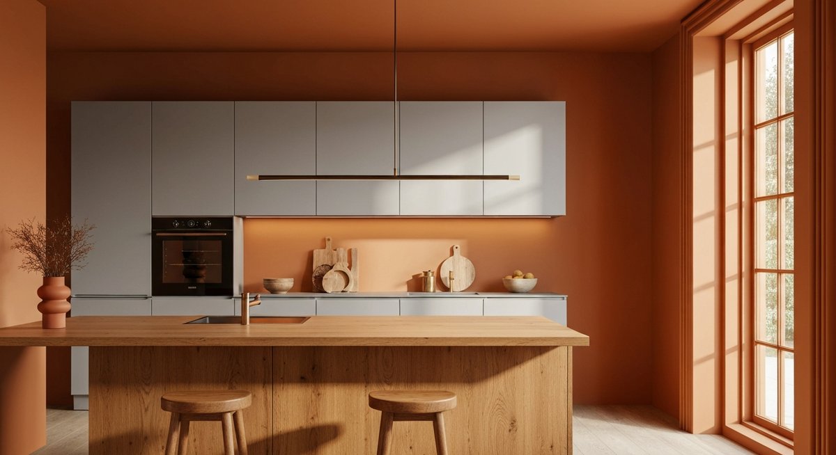 Изысканная минималистичная кухня с матовыми фасадами цвета шалфея и большим островом, создающая спокойную атмосферу.