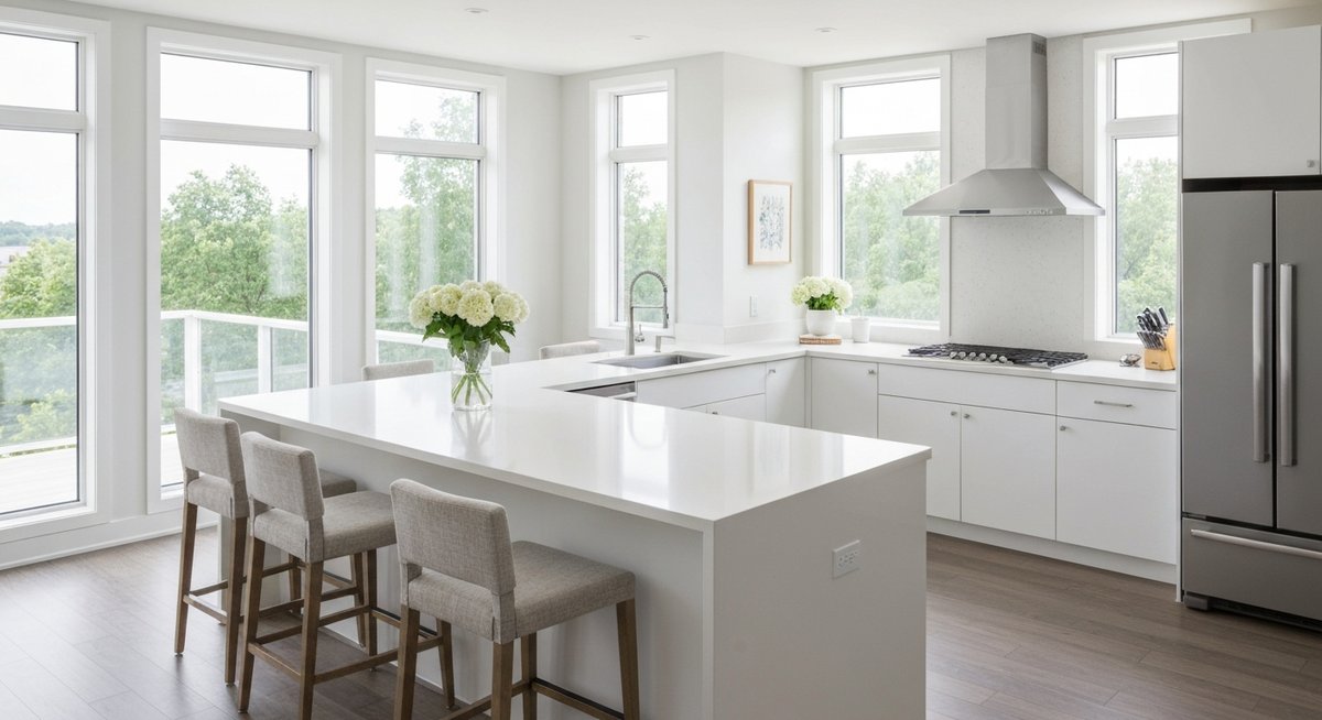 Светлая и просторная зона кухонного острова в белой кухне.