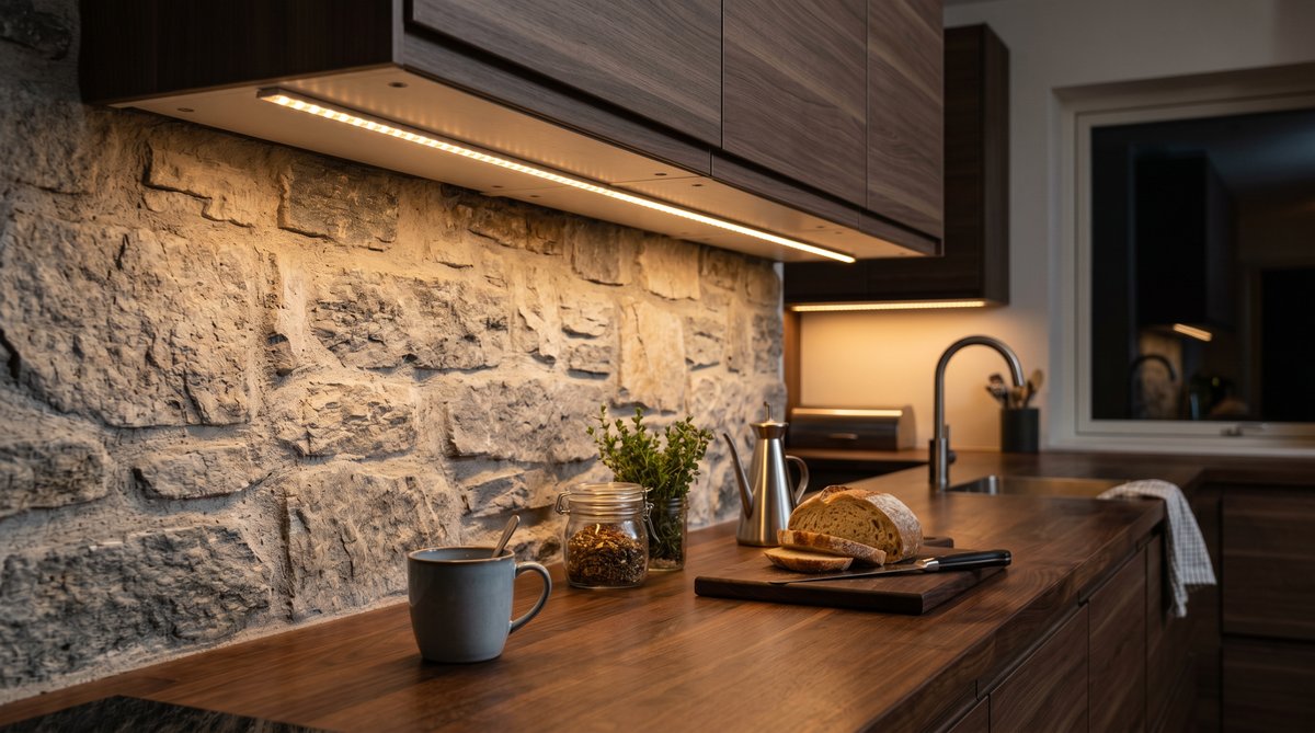 Крупный план LED-подсветки под кухонным шкафом, освещающей столешницу