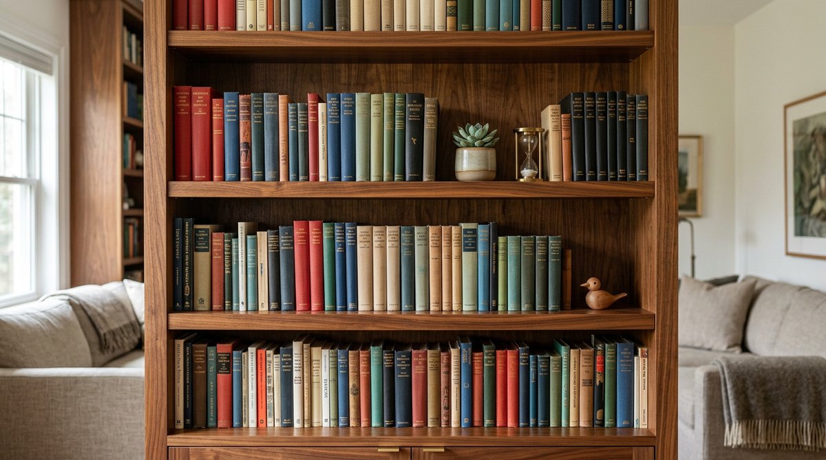Детальный вид книжной полки из темного дерева в гостиной-библиотеке.