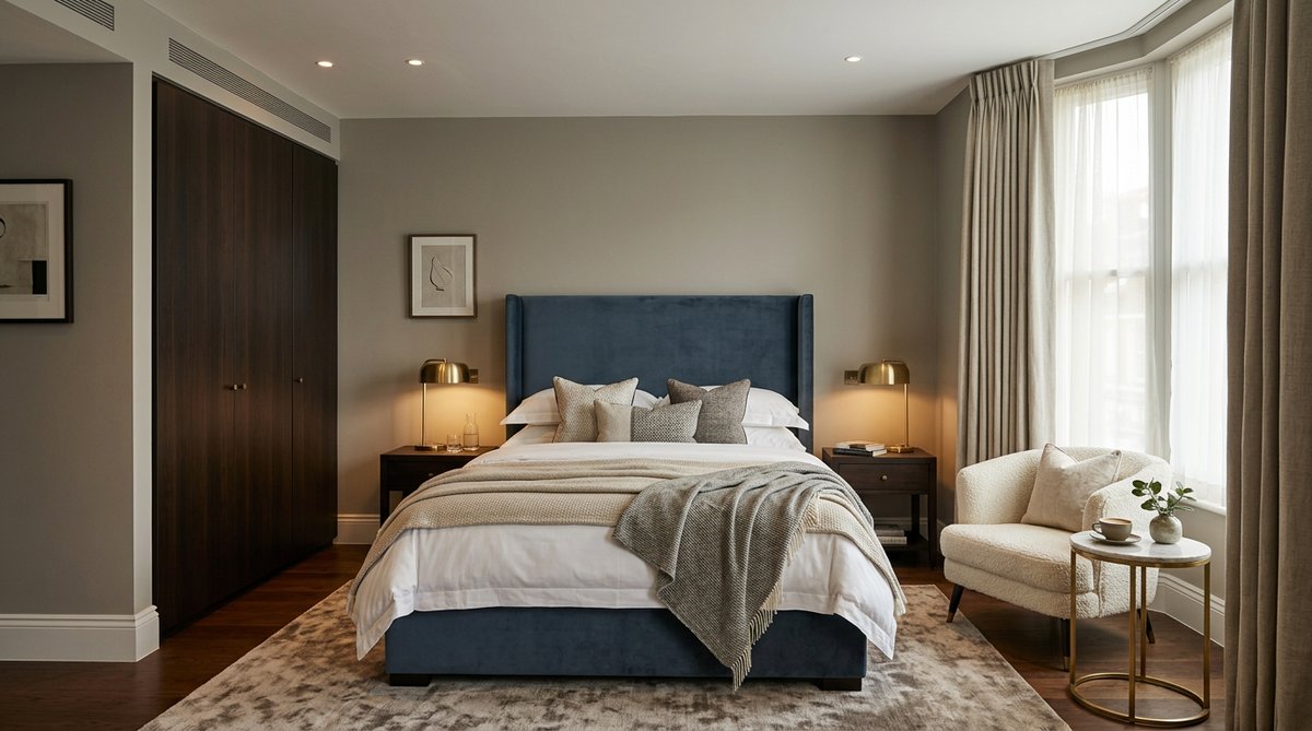 Главный объект: функциональная планировка спальни в стиле Hotel Look с зоной отдыха.
